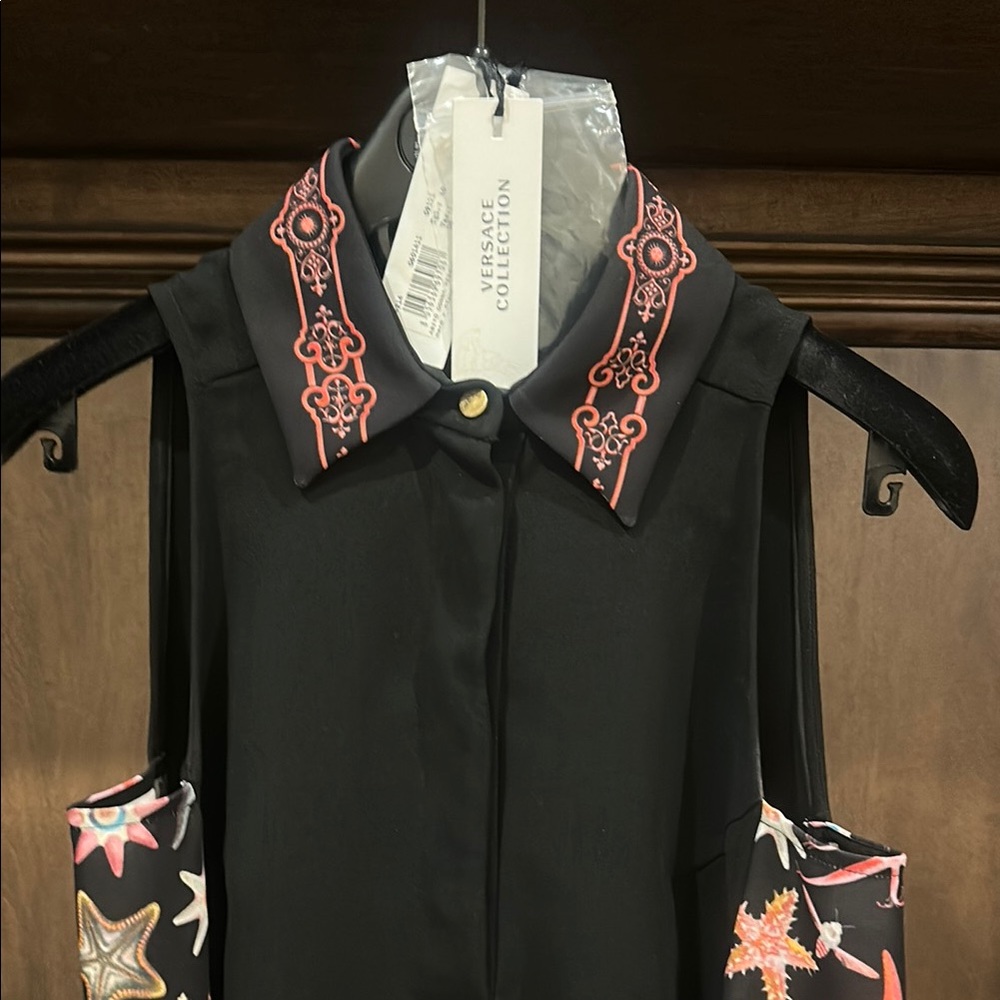 Versace Black Dress with Coral Embroidered Collar